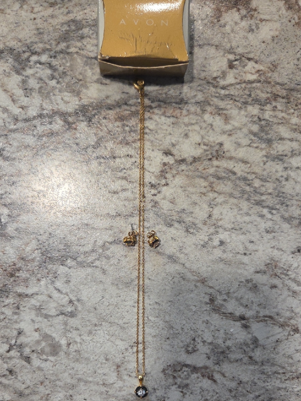 Avon Simulated Sapphire & Clear Crystal Drop Necklace with Matching Studs